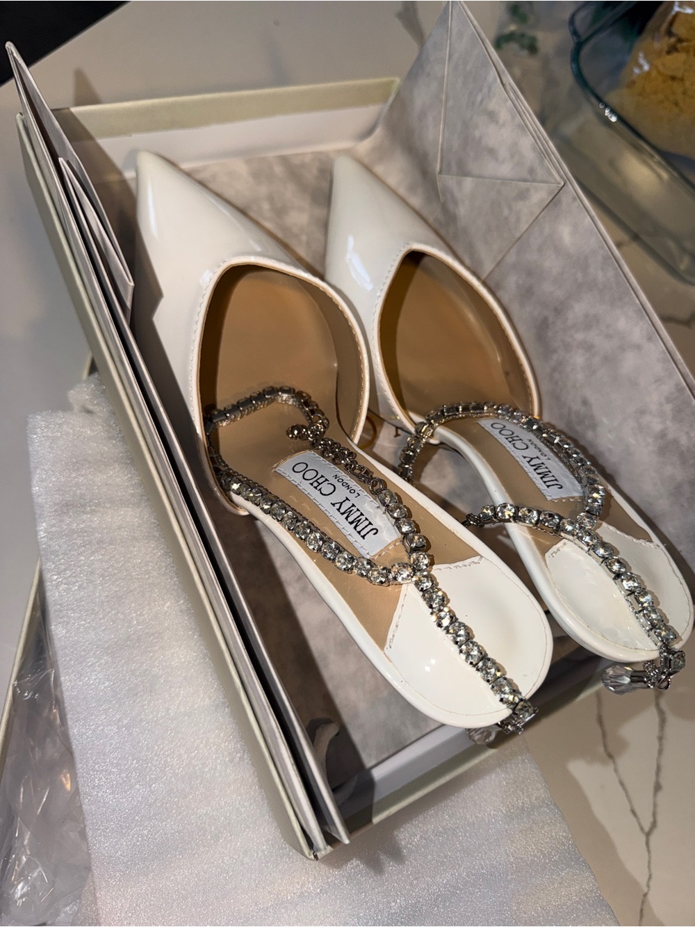 Jimmy Choo White Patent Crystal-Tstrap Pointed Flats